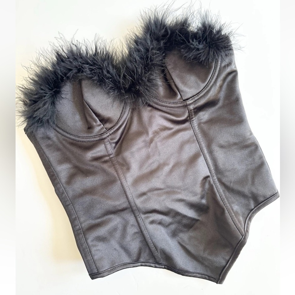 Playboy Bunny XS Corset Black Satin Feather Trim Zip Back Stretch Padded Bra Top